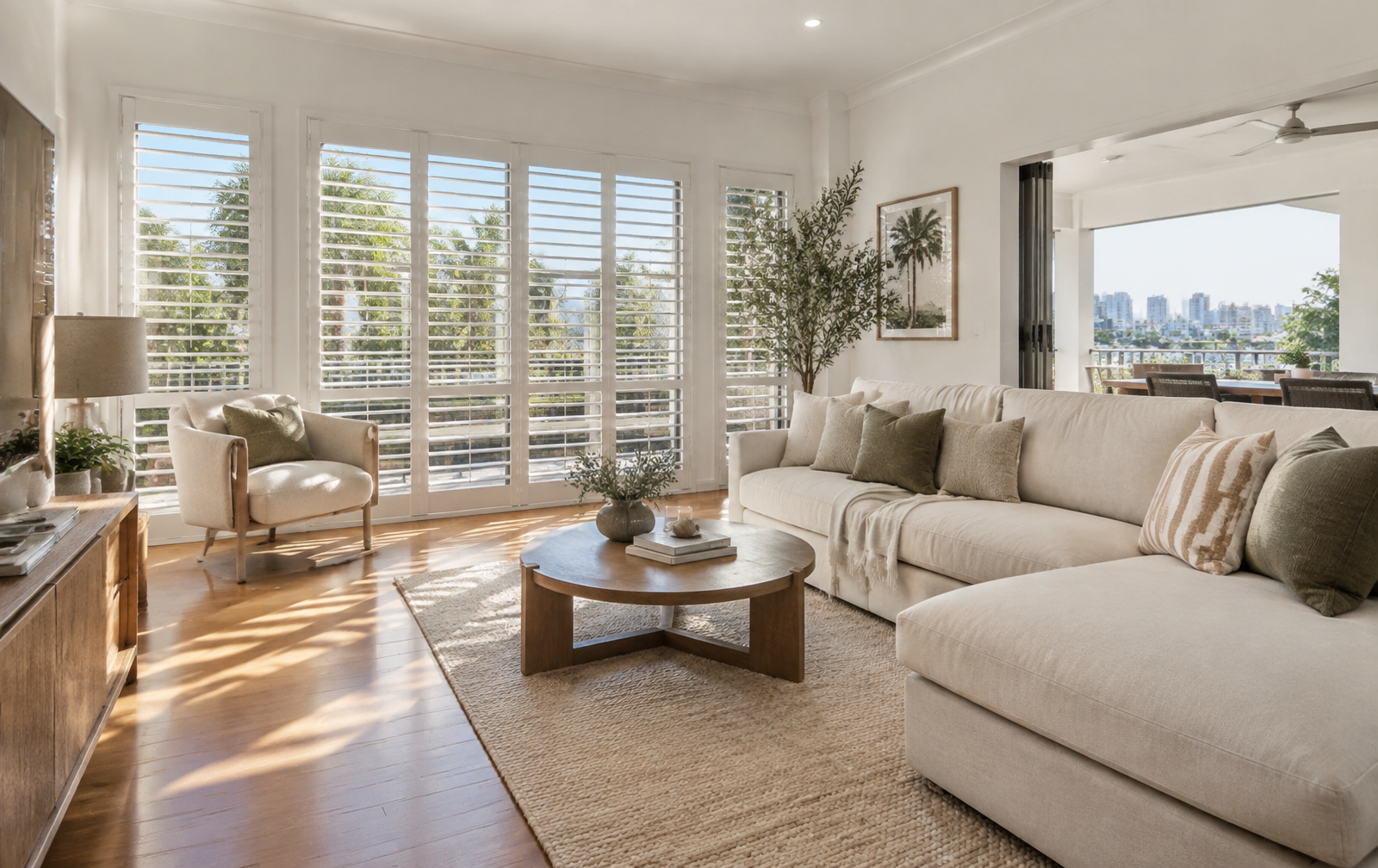 Plantation shutters filtering sunlight in a finished Brisbane-style interior